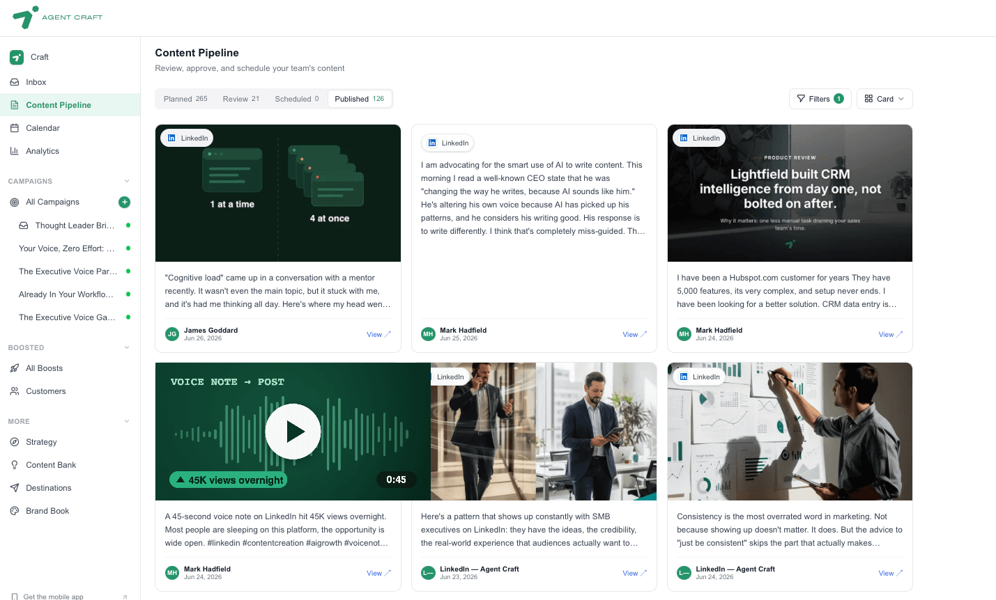 Agent Craft content pipeline — published LinkedIn posts