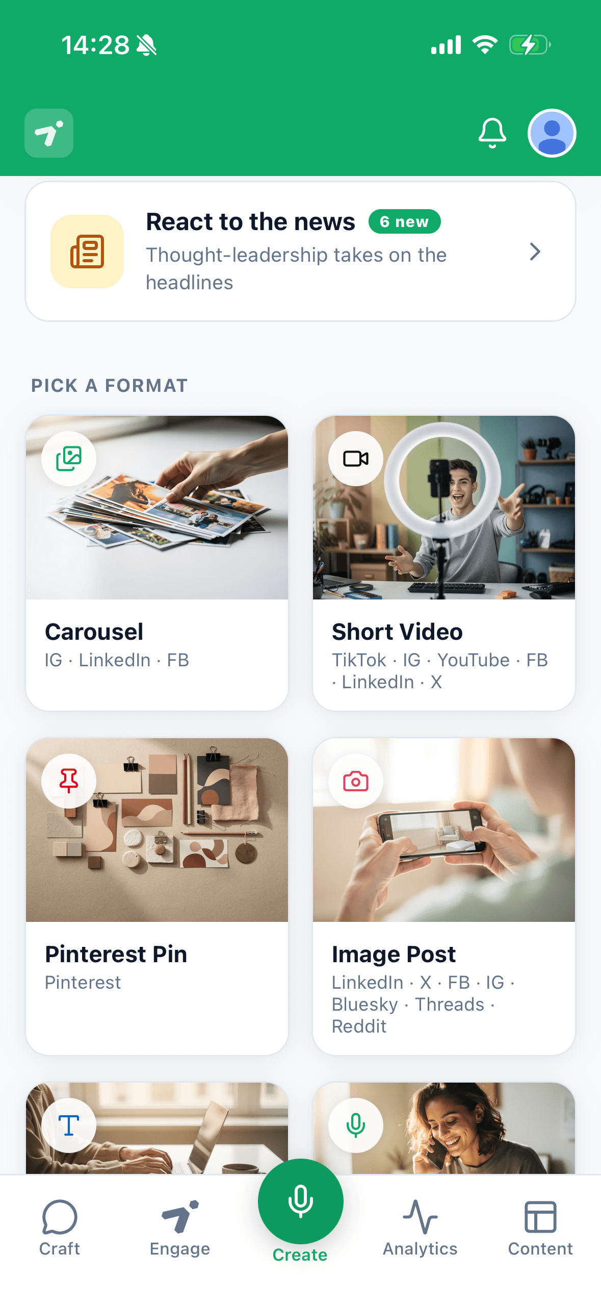 Agent Craft mobile — pick a content format